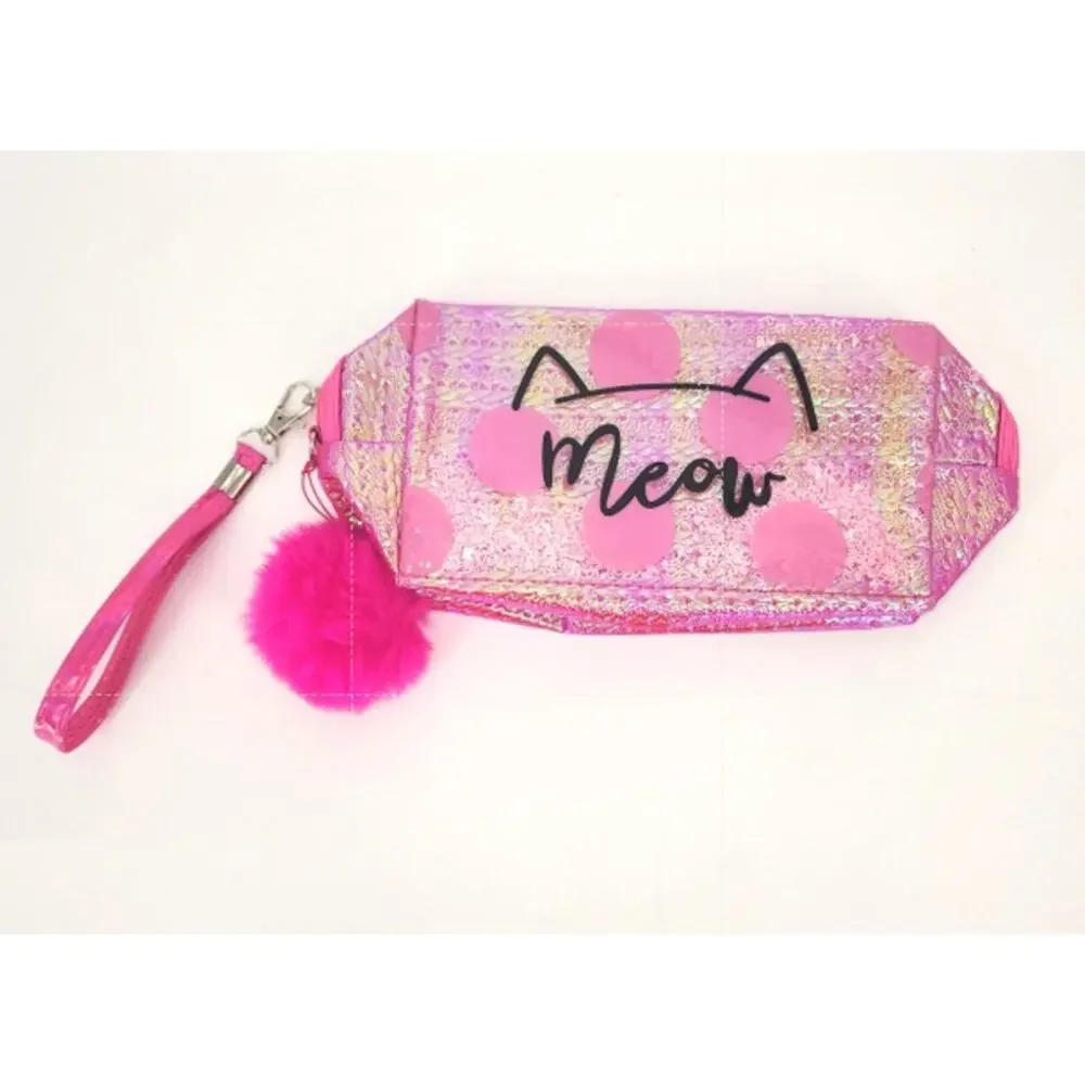 3-Piece Holographic Cat Makeup Bag Bundle Pom Pom Wristlet Cosmetic Pouches - Picture 2 of 6